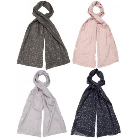A mix of 4 pretty scarves in natural colours, each with a shimmering polka dot design.
