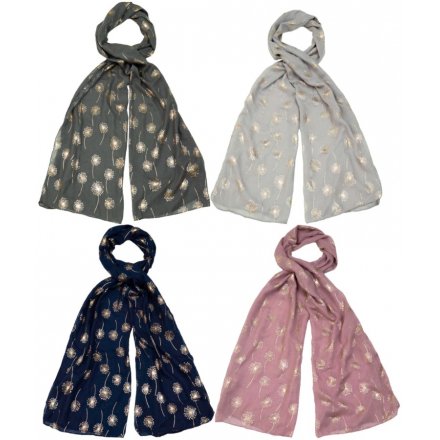 A mix of 4 beautiful scarves with a gold foil dandelion print. A stylish fashion accessory and gift item.
