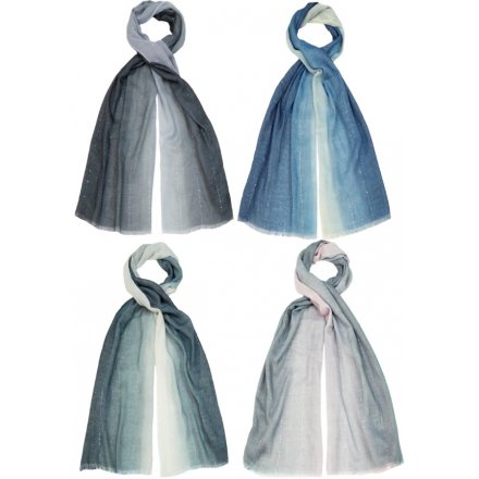 An assortment of 4 beautiful ombre scarves, each with a delicate silver thread running through the fabric.