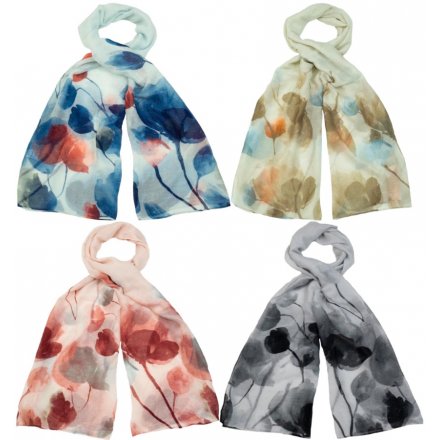 An assortment of 4 floral printed scarves in a lightweight material. Each has a subtle sparkle.