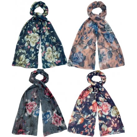 A mix of 4 floral scarves in autumn colours. Each has a glitter finish. A lovely gift item and fashion accessory.