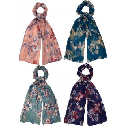 Cosy up and look stylish with this mix of 4 butterfly and floral print scarves.