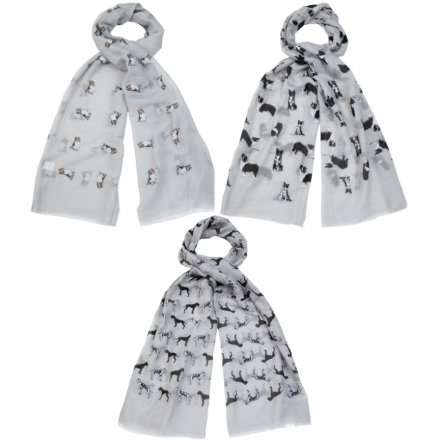 Wrap up with this mix of dog design scarves in neutral colours. A lovely fashion accessory and gift item.