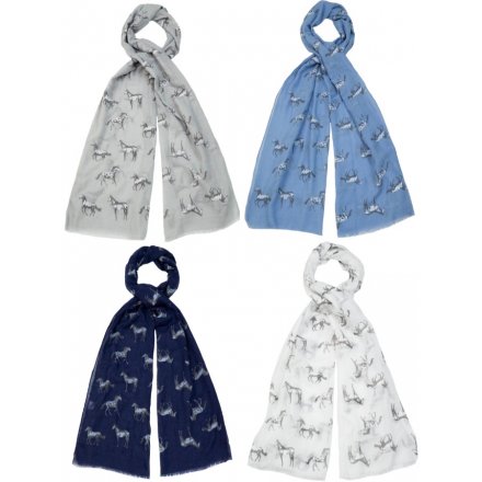 A mix of 4 charming scarves each with a horse print. A lovely fashion accessory and great gift item
