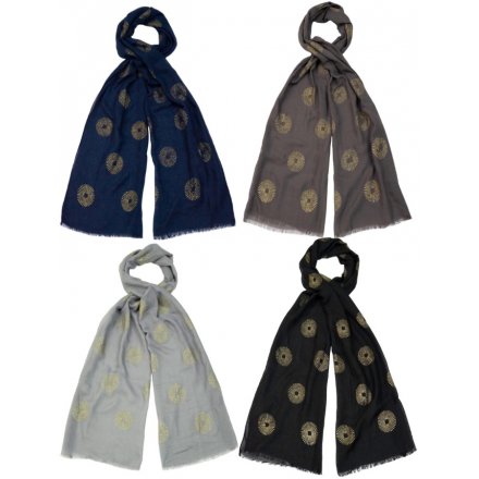 An assortment of 4 beautiful light weight scarves in rich blue and grey colours. Each has a gold foil firework pattern.