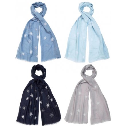 An assortment of blue and grey lightweight scarves, each with a pretty glitter snowflake design.