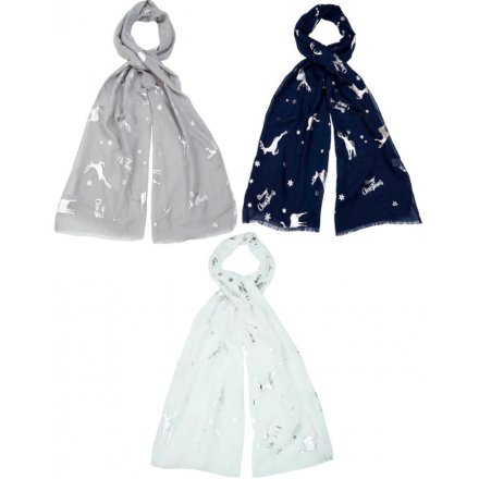 An assortment of 3 beautiful lightweight scarves, each with a silver foil reindeer design. 