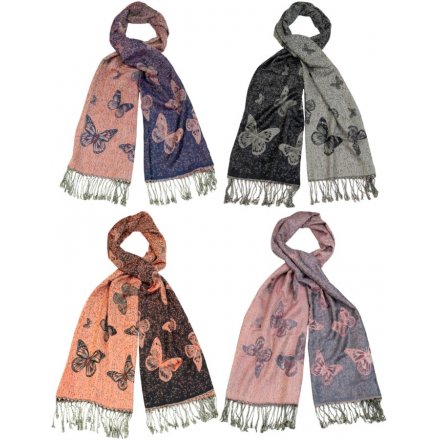 Get cosy with this mix of 4 large pashmina scarves, each with a double colour butterfly design.