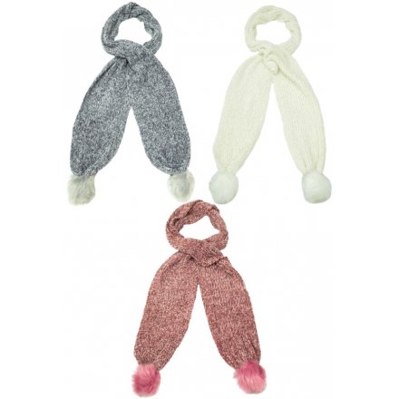 An assortment of 3 cosy chenille scarves in pretty pastel colours. Each has faux fur pom poms.
