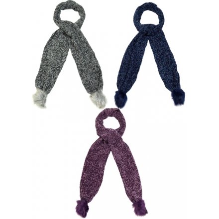 An assortment of 3 cosy and stylish scarves with faux fur pom poms.