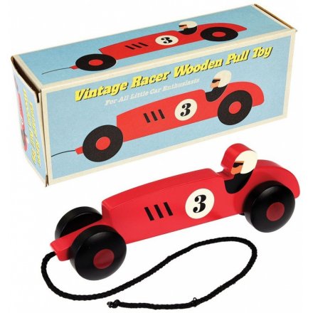 A vintage themed pull along racer car in a flashy red tone 