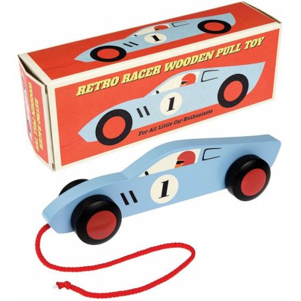  A fun and retro themed pull along wooden racer car set with a matching gift box,