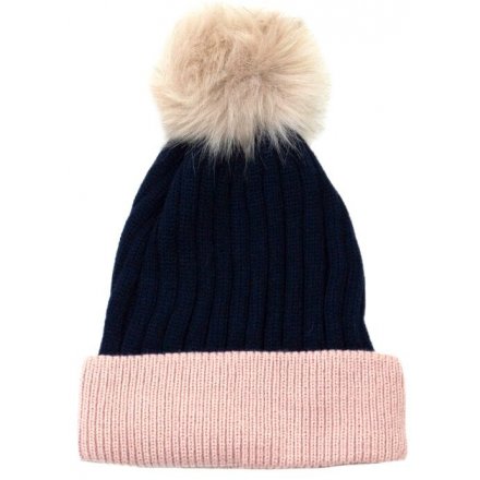 Snuggle up this season in this stylish two tone hat with faux fur pom pom.