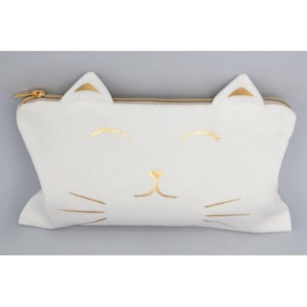 White Faux Leather Cat Cosmetics Bag 
