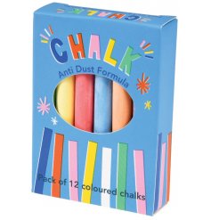 A pack of 12 coloured chalks with an anti dust formula 