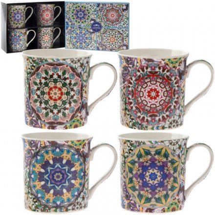 Mosaic Print Fine China Mugs - Set of 4