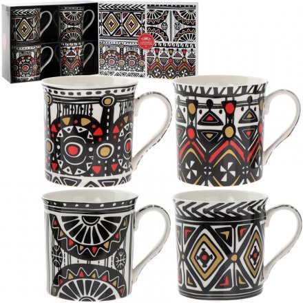 Set of 4 Tribal Print Mugs 