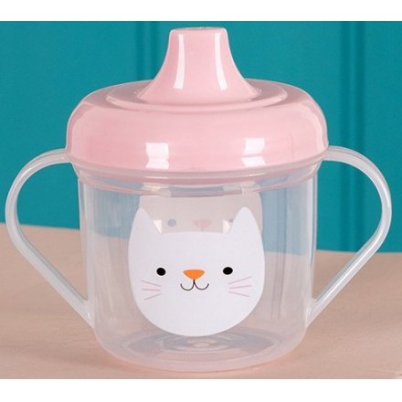 A cute cate design sippy cup with a pink lid and double handles. An adorable item for your little ones to enjoy