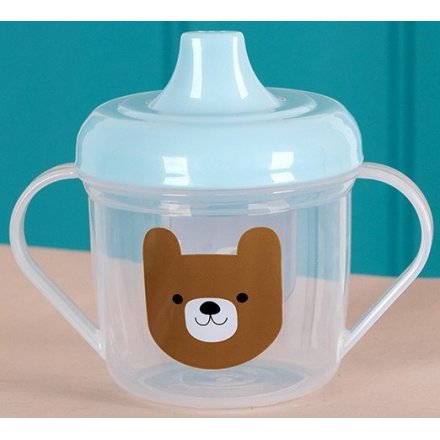 An adorable bear design mug with blue top. Perfect for drinks on the go for your little bear.