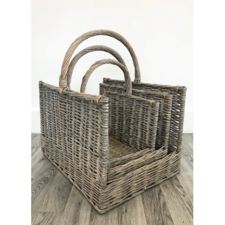 A rustic set of three round willow baskets. A great addition to many rustic homes.