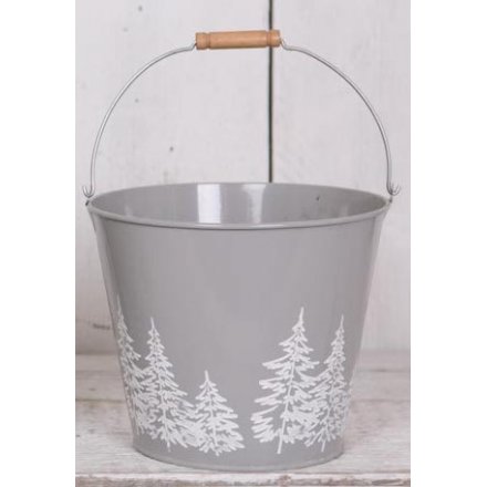  A stylishly simple grey metal bucket featuring a white forest outline
