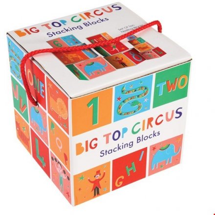 A set of 10 nesting cardboard blocks with numbers, the alphabet and circus animals. A fun and colourful learning game! 