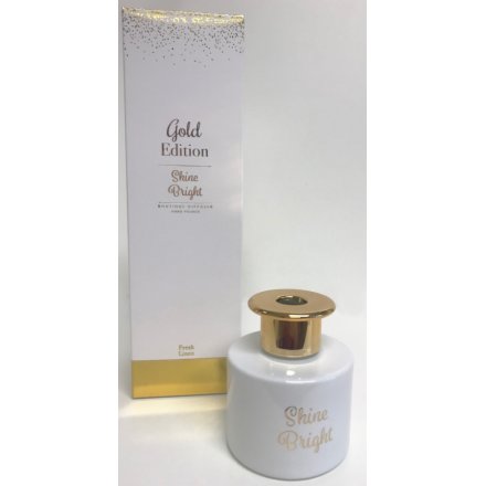A beautifully scented slogan reed diffuser in gold and white. A lovely home fragrance and gift item.
