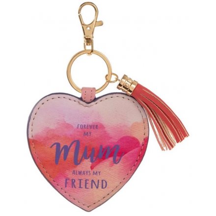 Forever my mum, always my friend. A pretty watercolour design heart shaped key ring with tassel. 