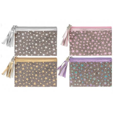 An assortment of 4 fabulous glitter star coin purses with tassel zips. A gorgeous gift item and handbag essential.