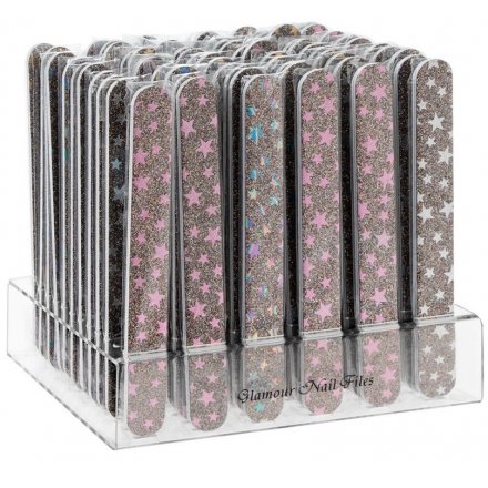 A mix of 4 on trend glitter star nail files. A great counter display pick up line and handbag essential.
