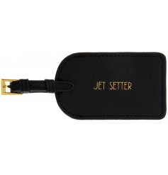 Fly in style with this black and gold luggage tag with belt clip. A chic gift item and travel essential.