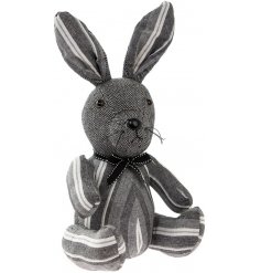 A stylish grey rabbit doorstop with a mix of stripe and tweed patterns. Complete with a black and white bow.