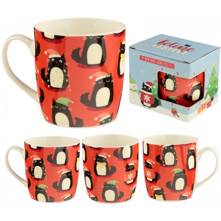 A fun and festive themed Bone China Mug decorated with cute cats dressed in Christmas attire 