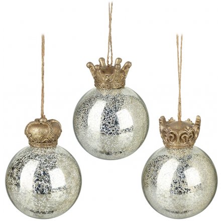 Crackle Glass Baubles With Crowns 