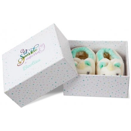 A pair of beautifully packaged unicorn booties for little toes to snuggle into. A chic gift item and keepsake.