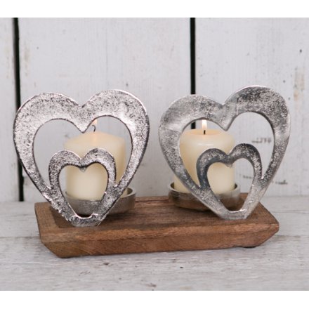 Twin Silver Heart Candle Holder