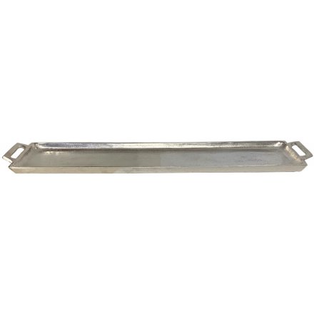 A large silver aluminium candle tray with a hammered finish and twin handles.