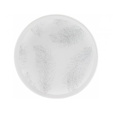 Display your candles upon this beautiful glass mirror candle plate with silver glitter feather detailing.