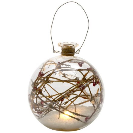 Glass Bauble With Snow And Twigs 12cm
