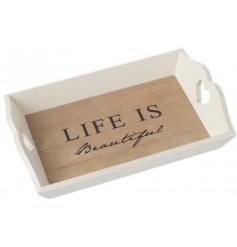 A gorgeous Life is Beautiful small wooden tray with heart shaped handles. 