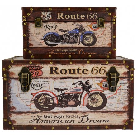 these stylish Motorcycle and Route 66 inspired storage trunks will bring in an American Dream theme to any home