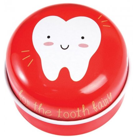 The tooth fairy will have no trouble finding fallen teeth with this cheerful red tin. Also available in blue!