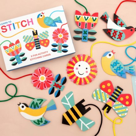 Have fun and get creative whilst learning to stitch. The pack includes 8 colourful cards with string.