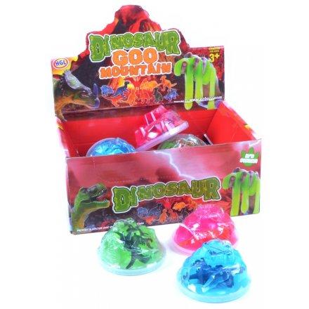 An assortment of colourful dinosaur figures with volcano putty. A fun pocket money toy for kids.