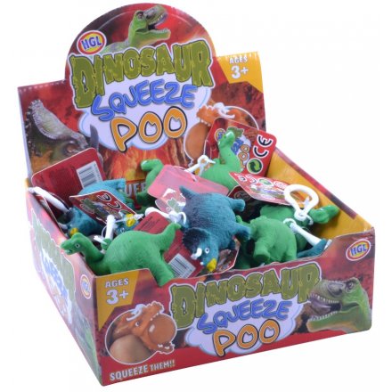 An assortment of squeezy poo dinosaur key rings. A novelty toy kids will love!