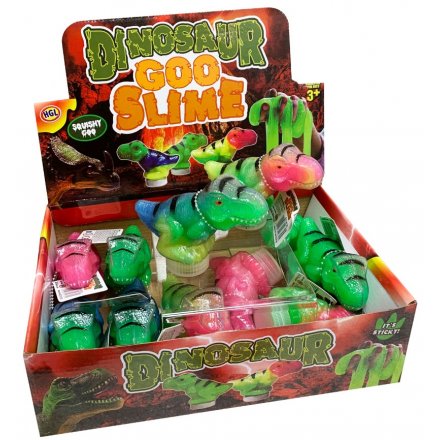 Brightly coloured slime in a dinosaur shaped container
