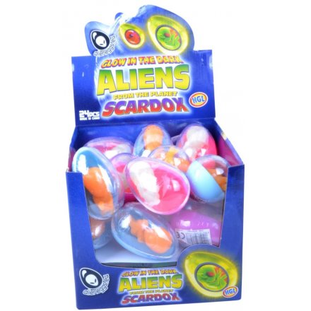 A mix of glow aliens in eggs. A novelty pocket money priced toy kids will love.