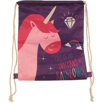  A pink and purple toned drawstring bag featuring an enchanted unicorn print decal 