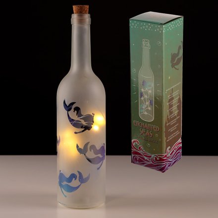 A beautifully illuminated glass bottle featuring a frosted decal, magical mermaid print and added cork top 