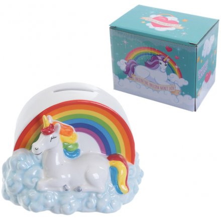 decorated with bright colours, this rainbow sitting unicorn money box will place perfect in any little ones room 